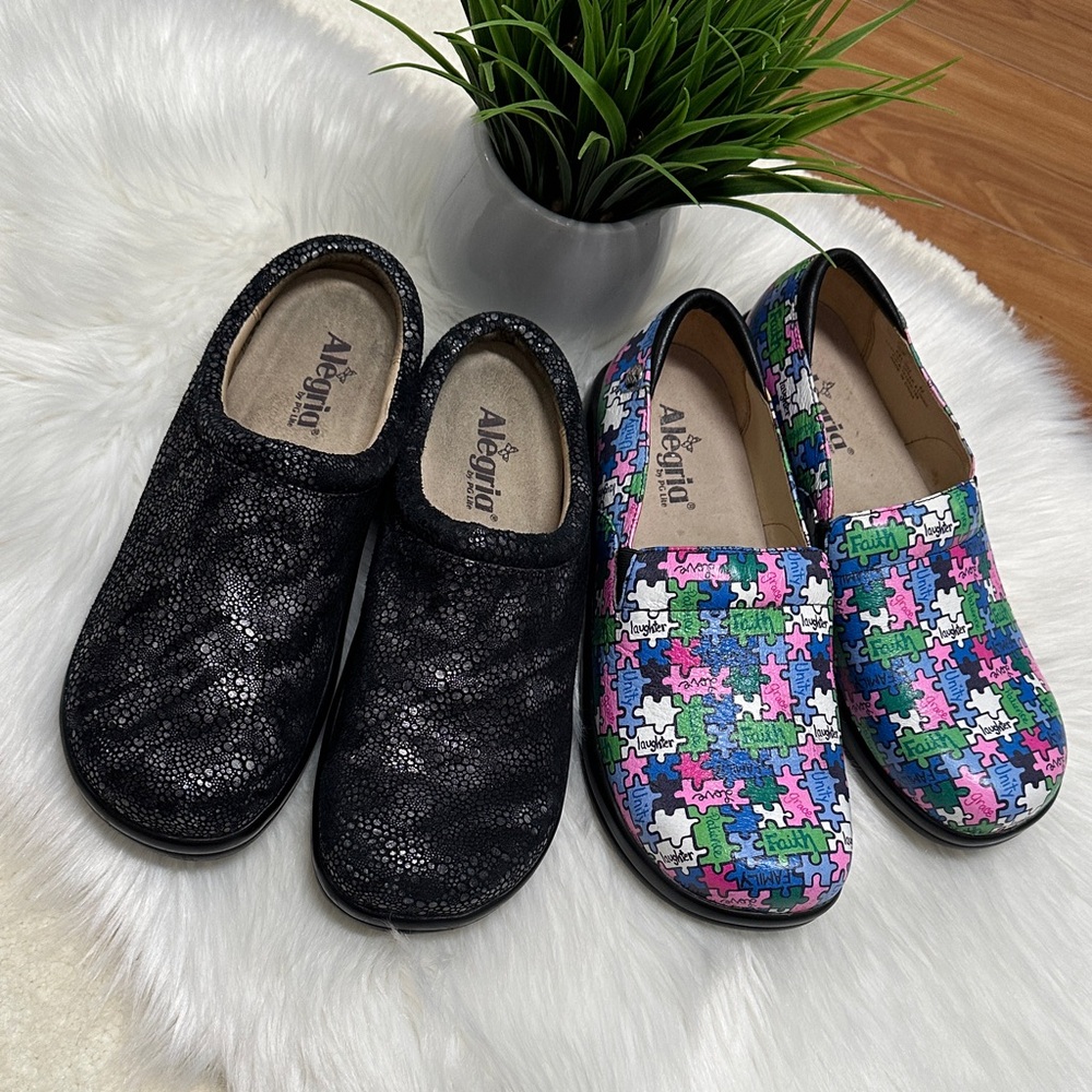 Bundle Alegria Black and Puzzle Print Slip-Ons size 42